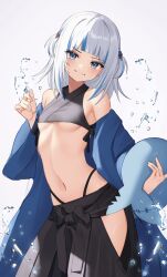 Rule 34 | 1girl, absurdres, ahoge, black pants, blue eyes, blue hair, blush, breasts, cowboy shot, cropped legs, fins, fish tail, gawr gura, grey hair, hair ornament, highres, hololive, hololive english, looking at viewer, medium breasts, medium hair, multicolored hair, navel, off shoulder, open clothes, pants, shark girl, shark hair ornament, shark tail, simple background, smile, solo, standing, streaked hair, tail, thomas 8000, twintails, underboob, virtual youtuber, white background