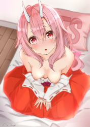 Rule 34 | 1girl, :o, bed sheet, blurry, blush, breasts, collarbone, commentary request, depth of field, detached sleeves, from above, hair between eyes, hakama, hakama skirt, highres, horns, indoors, japanese clothes, long hair, long sleeves, looking at viewer, looking up, medium breasts, nagi (shunsuke-manage), nipples, on bed, open mouth, pink hair, red eyes, red hakama, shuna (tensei shitara slime datta ken), sitting, skirt, solo, tensei shitara slime datta ken, very long hair, yes, yes-no pillow