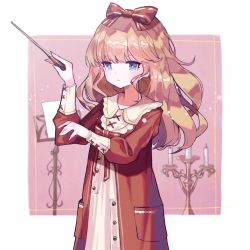 Rule 34 | 1girl, blonde hair, blue eyes, blush, bow, candle, candlestand, closed mouth, collared dress, commentary request, dress, hair bow, hands up, holding, long sleeves, original, red bow, red dress, solo, striped, striped bow, uni (bom19850101)