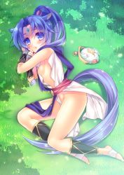 Rule 34 | 10s, 1girl, animal ears, barefoot, blue eyes, blue hair, blush, breasts, dog days, feet, forehead jewel, from above, gold trim, grass, hlz, horse ears, horse girl, long hair, looking up, lying, matching hair/eyes, naked tabard, nipples, no panties, on side, ponytail, sharu (dog days), side slit, sideboob, small breasts, solo, tabard, tail
