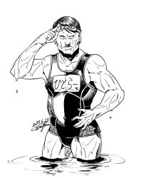 Rule 34 | 1boy, adolf hitler, bad id, bad pixiv id, contrapposto, dated, dripping, facial hair, goggles, goggles on head, hand on own hip, highres, male focus, muscular, mustache, one-piece swimsuit, real life, school swimsuit, signature, solo, standing, swimsuit, terajima katsuyuki, wet