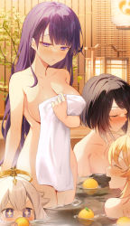 Rule 34 | + +, 4girls, absurdres, black hair, blonde hair, blush, breasts, closed eyes, collarbone, commentary request, covering privates, food, fruit, genshin impact, hair between eyes, hair down, halo, highres, holding, holding food, holding fruit, holding towel, indoors, kujou sara, lamp, large breasts, long hair, looking away, lumine (genshin impact), mole, mole under eye, multiple girls, nude, nude cover, onsen, open mouth, paimon (genshin impact), parted lips, partially submerged, purple eyes, purple hair, raiden shogun, short hair, standing, syandega, towel, v-shaped eyebrows, very long hair, wading, water, wet, white hair, yuzu (fruit), yuzu bath