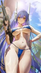 Rule 34 | 1girl, :o, assault rifle, bikini, blue bikini, blue hair, blue sky, breasts, bullpup, cloud, cloudy sky, commentary request, cowboy shot, from below, girls&#039; frontline, gun, hair between eyes, hand on own hip, headgear, highres, holding, holding gun, holding weapon, iwi tavor, iwi tavor tar-21, large breasts, long hair, looking at viewer, nanaken nana, navel, open mouth, palm tree, red eyes, rifle, sky, solo, stomach, swimsuit, tar-21 (girls&#039; frontline), thick thighs, thighs, thong bikini, tree, very long hair, weapon, wet