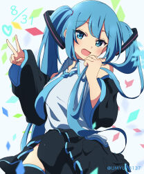 Rule 34 | 1girl, :d, black skirt, black sleeves, black thighhighs, blue eyes, blue hair, blue necktie, blush, collared shirt, cowboy shot, dated, detached sleeves, dot nose, frilled shirt, frills, hair between eyes, hand up, hatsune miku, head tilt, heart, highres, holding, holding hair, knee up, long hair, long sleeves, looking at viewer, necktie, open mouth, oyu yu (pixiv 94462206), pleated skirt, raised eyebrows, shirt, sidelocks, skirt, sleeveless, sleeveless shirt, smile, solo, thighhighs, twintails, twitter username, v, very long hair, vocaloid, white shirt