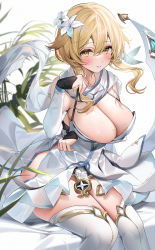 Rule 34 | 1girl, arm under breasts, blonde hair, blush, breast hold, breasts, cleavage, detached sleeves, dress, feather hair ornament, feathers, flower, genshin impact, hair flower, hair ornament, highres, large breasts, leaf, lily (flower), looking at viewer, lumine (genshin impact), machi (7769), parted lips, sitting, solo, thighhighs, thighs, white dress, white thighhighs