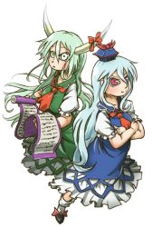 Rule 34 | 2girls, black footwear, blue dress, blue hair, bow, chamaji, crossed arms, dress, dual persona, ex-keine, footwear bow, green dress, green eyes, green hair, hair between eyes, hat, highres, horn bow, horn ornament, horns, kamishirasawa keine, long hair, multiple girls, neckerchief, puffy short sleeves, puffy sleeves, red bow, red eyes, red neckerchief, scroll, shoes, short sleeves, simple background, smile, touhou, white background, white legwear