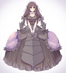Rule 34 | 1girl, black dress, blush, bow, breasts, brown eyes, brown hair, cleavage, ddt (darktrident), dress, full body, gloves, hair bow, highres, lolita fashion, looking at viewer, maid headdress, medium breasts, overlord (starcraft), personification, simple background, solo, starcraft, wavy mouth, white background, white gloves
