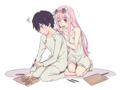 Rule 34 | 10s, 1boy, 1girl, bare shoulders, black hair, blue eyes, blush, commentary, couple, darling in the franxx, drawing, fangs, flower, fringe trim, green eyes, hair flower, hair ornament, hand on another&#039;s back, hetero, hiro (darling in the franxx), holding, holding pencil, horns, k 016002, long hair, long sleeves, nightgown, one eye closed, oni horns, pajamas, paper, pencil, pink hair, red horns, seiza, short hair, sitting, sleeveless, sweatdrop, zero two (darling in the franxx)
