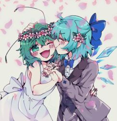 2girls alternate_costume blue_bow blue_bowtie blue_hair blush bobotatamu bow bowtie buttons cirno closed_eyes closed_mouth collared_shirt commentary_request cowboy_shot dress falling_petals female_focus fingernails flower green_eyes green_hair grey_jacket groom hair_between_eyes hair_bow hair_flower hair_ornament hand_on_another&#039;s_head highres ice ice_wings interlocked_fingers jacket kiss kissing_cheek matching_hair/eyes multiple_girls open_mouth petals pink_flower shirt short_hair sleeveless sleeveless_dress smile touhou wedding_dress white_dress white_shirt wife_and_wife wings wriggle_nightbug yuri