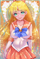 Rule 34 | absurdres, aino minako, arion canvas, bishoujo senshi sailor moon, blonde hair, bow, breasts, earrings, gloves, green eyes, highres, jewelry, large breasts, long hair, looking at viewer, magical girl, miniskirt, red bow, sailor venus, skirt, sleeveless, very long hair