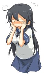 Rule 34 | 10s, 1girl, ahoge, bad id, bad pixiv id, black hair, blush, commentary request, embarrassed, closed eyes, hands on own face, ito (itokayu), itokayu, kantai collection, long hair, open mouth, school uniform, serafuku, skirt, solo, ushio (kancolle)