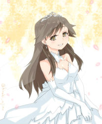 Rule 34 | 10s, 1girl, ajino (sakanahen), alternate costume, arashio (kancolle), bare shoulders, breasts, bridal veil, brown hair, cleavage, detached collar, diadem, dress, earrings, elbow gloves, gloves, grin, jewelry, kantai collection, long hair, medium breasts, own hands together, petals, smile, solo, strapless, strapless dress, tiara, veil, wedding dress, white dress, white gloves, yellow eyes