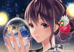 Rule 34 | 1girl, aerial fireworks, artist name, beads, black kimono, blue eyes, braid, brown hair, closed mouth, cloud, commentary request, fingernails, fireworks, floral print, hair ornament, hands up, holding, japanese clothes, kimono, light particles, lips, long hair, looking at viewer, night, night sky, original, sidelocks, sky, solo, star (sky), starry sky, uooper, upper body, water balloon, watermark