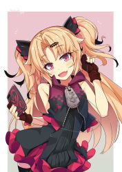 Rule 34 | 1girl, :d, akatsuki uni, bare shoulders, black dress, black thighhighs, blonde hair, blush, brown gloves, cellphone, character name, dress, earbuds, earphones, fang, fingernails, gloves, hair ornament, hairclip, hand up, head tilt, highres, holding, holding earphones, holding phone, long hair, looking at viewer, ogami kazuki, open mouth, parted bangs, partially fingerless gloves, phone, red eyes, smile, solo, thighhighs, two side up, uni create, very long hair, virtual youtuber, zipper pull tab