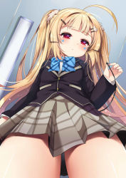 Rule 34 | 1girl, ahoge, azur lane, black jacket, blazer, blonde hair, blue bow, blush, bow, brown skirt, commentary, dress shirt, earbuds, earphones, eldridge (azur lane), eldridge (the inquisitive recluse) (azur lane), facial mark, from below, hair ornament, hairclip, holding, holding earphones, ikazu401, indoors, jacket, long hair, looking at viewer, looking down, pleated skirt, red eyes, shirt, skirt, solo, standing, two side up, very long hair, white shirt