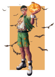 Rule 34 | 1boy, abs, absurdres, bara, bare pectorals, bat (animal), black hair, cosplay, dark skin, dark-skinned male, facial hair, frankenstein&#039;s monster, frankenstein&#039;s monster (cosplay), full body, goatee, green-framed eyewear, green hair, green shorts, halloween, halloween costume, highres, jack-o&#039;-lantern, jacket, kyoichi (live a hero), live a hero, male focus, midriff peek, multicolored hair, ninomiya reisui (chieh ren), nipples, open clothes, open jacket, open shirt, pants, pectorals, shirt, short hair, shorts, solo, streaked hair, toned, toned male, torn clothes, torn pants, torn shirt, white shirt