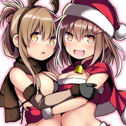 Rule 34 | 2girls, alternate breast size, bell, bikini, black bikini, black gloves, blush, breasts, brown eyes, brown gloves, brown hair, brown scarf, capelet, christmas, cleavage, elbow gloves, fake antlers, fangs, folded ponytail, fur-trimmed capelet, fur-trimmed gloves, fur trim, gloves, hair between eyes, hair ornament, hairclip, hat, highres, ikazuchi (kancolle), inazuma (kancolle), kantai collection, kuromayu, looking at viewer, medium breasts, multiple girls, open mouth, orange eyes, outline, parted lips, pink outline, red capelet, red gloves, santa hat, scarf, short hair, simple background, swimsuit, upper body, white background