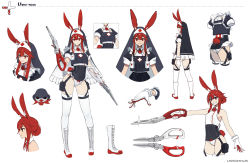 Rule 34 | 1girl, animal ears, ass, bare shoulders, boots, character name, character sheet, commentary, cross, cross-laced footwear, english commentary, grin, gunblade, habit, hair bun, highres, knee boots, lace-up boots, leotard, multiple views, original, pouch, rabbit ears, rabbit girl, rabbit tail, red cross, red eyes, red hair, sharp teeth, short sleeves, sidelocks, simple background, single hair bun, smile, tail, teeth, thigh strap, thighhighs, thighhighs under boots, unsomnus, weapon, white background, white thighhighs
