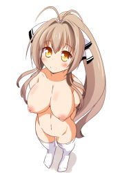 Rule 34 | 10s, 1girl, amagi brilliant park, antenna hair, bad id, bad pixiv id, blush, bow, breasts, brown eyes, brown hair, foreshortening, from above, full body, hair bow, inverted nipples, large breasts, long hair, looking at viewer, looking up, naruse mai, navel, nipples, nude, ponytail, puffy nipples, sento isuzu, shadow, simple background, smile, solo, thighhighs, white background, white thighhighs, yellow eyes