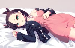 Rule 34 | 1girl, artist name, asymmetrical bangs, bed sheet, black choker, black hair, black jacket, blueberry (5959), breasts, choker, cleavage, commentary request, creatures (company), dress, game freak, green eyes, hair ribbon, highres, jacket, long sleeves, looking at viewer, lying, marnie (pokemon), medium breasts, nintendo, off shoulder, on back, pink dress, pokemon, pokemon swsh, red ribbon, ribbon, short hair, solo