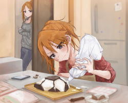 Rule 34 | 2girls, alternate costume, apron, baking, book, cake, cellphone, chocolate, cream, food, hachiya (silica q), highres, idolmaster, idolmaster cinderella girls, looking at another, looking down, mother and daughter, multiple girls, pastry bag, phone, ponytail, refrigerator, squeezing, yuuki haru