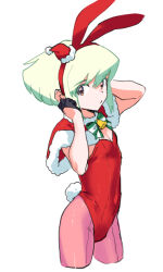 Rule 34 | 1boy, ahoge, alternate costume, animal ears, bell, black gloves, capelet, christmas, covered navel, cowboy shot, crossdressing, fake animal ears, fake tail, fur-trimmed capelet, fur trim, gloves, green hair, green ribbon, half gloves, hat, leotard, lio fotia, looking at viewer, male focus, male playboy bunny, neck bell, ns1123, pantyhose, pink pantyhose, promare, purple eyes, rabbit ears, rabbit tail, red capelet, red leotard, ribbon, santa hat, short hair, simple background, solo, tail, trap, white background