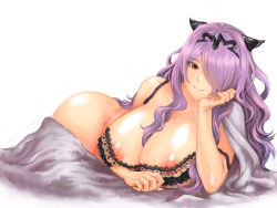 Rule 34 | 1girl, black bra, bottomless, bra, breasts, camilla (fire emblem), circlet, female focus, fire emblem, fire emblem fates, hair over one eye, horns, huge breasts, large breasts, long hair, looking at viewer, lying, nail polish, nintendo, nipples, on side, pocari66, purple hair, red eyes, simple background, smile, solo, tiara, underwear, underwear only, white background