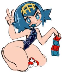 Rule 34 | 1girl, blue eyes, blue hair, blush, bright pupils, circlet, condom, condom in mouth, condom packet strip, condom wrapper, creatures (company), game freak, hiplover, lana (pokemon), looking at viewer, mouth hold, narrow waist, nintendo, poke ball, poke ball (basic), pokemon, pokemon sm, short hair, sketch, solo, thick thighs, thighs, v, white background, white pupils, wide hips