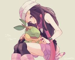 Rule 34 | 1girl, beanie, blush, boots, brown hair, brown thighhighs, commentary request, creatures (company), dawn (pokemon), game freak, gen 4 pokemon, grey headwear, hair ornament, hairclip, hat, head down, highres, holding, holding pokemon, komasawa (fmn-ppp), legs together, long hair, nintendo, open mouth, over-kneehighs, pink footwear, pokemon, pokemon (creature), pokemon dppt, scarf, sidelocks, smile, thighhighs, turtwig