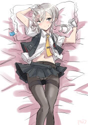 Rule 34 | 1girl, asymmetrical hair, bed, black pantyhose, black skirt, black vest, collared shirt, commentary request, condom, condom wrapper, dress shirt, feet out of frame, flipped hair, frilled pillow, frills, fuji (pixiv24804665), gloves, grey eyes, grey hair, highres, kantai collection, long hair, lying, navel, necktie, nowaki (kancolle), panties, panties under pantyhose, pantyhose, pillow, pleated skirt, school uniform, shirt, skirt, solo, thighband pantyhose, underwear, vest, white gloves, white panties, white shirt, yellow necktie