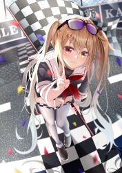 Rule 34 | 1girl, adapted costume, black shirt, black skirt, brown eyes, checkered flag, confetti, eyewear on head, flag, heterochromia, kantai collection, light brown hair, long hair, looking at viewer, murasame (kancolle), official alternate costume, race queen, red eyes, road, sailor collar, shirt, skirt, solo, sunglasses, thighhighs, twintails, v, white sailor collar, white thighhighs, zangetsu yuki yuki