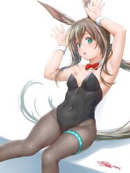Rule 34 | 1girl, :o, absurdres, amiya (arknights), animal ear fluff, animal ears, arknights, armpits, arms up, black leotard, blush, bow, bowtie, breasts, brown pantyhose, cowboy shot, dated, detached collar, feet out of frame, green eyes, highres, leotard, long hair, looking at viewer, open mouth, pantyhose, playboy bunny, ponytail, rabbit ears, rabbit girl, rabbit pose, red bow, red bowtie, signature, simple background, small breasts, solo, strapless, strapless leotard, thighlet, traditional bowtie, very long hair, white background, yukinoshiro