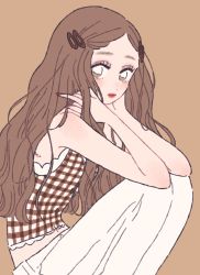 Rule 34 | 1girl, absurdres, blush, brown background, brown eyes, brown hair, brown nails, brown theme, buttons, elbow rest, eyeshadow, female focus, gingham, hair ornament, hairclip, highres, long hair, looking at viewer, makeup, midriff, nail polish, navel, original, pants, rikuwo, simple background, solo, white pants