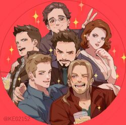 Rule 34 | 1girl, 5boys, alcohol, avengers (series), beard, beer, blonde hair, blue eyes, blue shirt, breasts, brown eyes, brown hair, brown jacket, brown shirt, bruce banner, buttons, cleavage, clint barton, closed mouth, collared jacket, collared shirt, cup, dress, earrings, facial hair, fingernails, formal, glass, glasses, gold earrings, green necktie, green shirt, grey shirt, hand on another&#039;s shoulder, hand up, holding, holding cup, jacket, jewelry, large breasts, lips, long hair, long sleeves, looking at another, looking at viewer, marvel, multiple boys, natasha romanoff, necktie, one eye closed, open clothes, open jacket, open mouth, plaid, plaid shirt, qin (7833198), red background, red jacket, red lips, shirt, short hair, short sleeves, simple background, smile, sparkle, steve rogers, suit, t-shirt, teeth, thor (marvel), tongue, tony stark, twitter username, upper body, v, v-shaped eyebrows, white dress