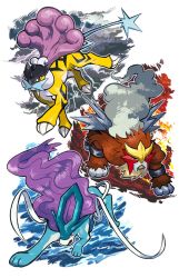Rule 34 | brown eyes, closed mouth, creatures (company), electricity, entei, fangs, fire, game freak, gen 2 pokemon, jumping, kokesa kerokero, legendary pokemon, nintendo, no humans, pokemon, pokemon (creature), raikou, red eyes, standing, suicune, symbol-only commentary, toes, water, white background