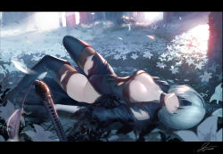 Rule 34 | 1girl, artist name, black footwear, black thighhighs, blindfold, boots, breasts, cleavage, closed mouth, commentary request, dress, flower, forest, hairband, highres, lunar tear, lying, medium breasts, mole, mole under mouth, nature, nier:automata, nier (series), on back, outdoors, petals, puffy short sleeves, puffy sleeves, short hair, short sleeves, signature, siino, solo, sword, thigh boots, thighhighs, thighs, torn clothes, torn dress, torn thighhighs, weapon, white hair, 2b (nier:automata)