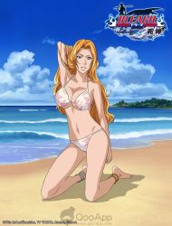 Rule 34 | 1girl, arm behind head, arm up, bare arms, bare shoulders, barefoot, beach, belly, bikini, bleach, blue eyes, blue sky, bra, bracelet, breasts, cleavage, cloud, collarbone, copyright name, day, facing viewer, full body, hand up, happy, japanese text, jewelry, kanji, kneeling, large breasts, legs, long hair, looking at viewer, matsumoto rangiku, midriff, mole, mole under mouth, navel, ocean, official art, orange hair, outdoors, panties, parted lips, sand, shadow, sitting, sky, smile, solo, swimsuit, teeth, translation request, tree, underwear, water, waves