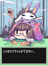 Rule 34 | 2girls, :&lt;, animal ears, blush stickers, brown hair, bubble, bubble slime, cloak, commentary, dragon quest, fate/grand order, fate (series), glasses, hair ornament, highres, hood, hooded cloak, iguana henshuu-chou, jackal ears, low twintails, medjed (fate), multiple girls, nitocris (fate), nitocris (fate/grand order), nitocris (swimsuit assassin) (fate), osakabehime (fate), pixel art, semi-rimless eyewear, shield, slime knight, sword, translated, twintails, under-rim eyewear, weapon, | |