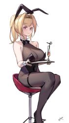 Rule 34 | animal ears, black bow, black bowtie, black leotard, bodystocking, bow, bowtie, breasts, champagne flute, cleavage, cup, detached collar, drinking glass, drinking straw, fake animal ears, hair intakes, han (ozrfour), heart, heart-shaped pupils, highres, holding, holding tray, leotard, nijisanji, pantyhose, playboy bunny, ponytail, rabbit ears, sitting, smile, solo, symbol-shaped pupils, thigh strap, tray, virtual youtuber, virtuareal, wrist cuffs, yukie (virtuareal)