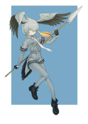Rule 34 | 1girl, bad id, bad pixiv id, belt, bird girl, bird tail, black gloves, blue background, bodystocking, collared shirt, commentary, fingerless gloves, gloves, grey belt, grey hair, grey shirt, grey shorts, hair between eyes, head wings, highres, holding, holding polearm, holding spear, holding weapon, inukoro (spa), kemono friends, leg up, long hair, looking at viewer, multicolored hair, necktie, orange hair, outside border, pantyhose, polearm, shirt, shoebill (kemono friends), short hair, short shorts, short sleeves, shorts, side ponytail, solo, spear, standing, standing on one leg, tail, weapon, white necktie, wings, yellow eyes