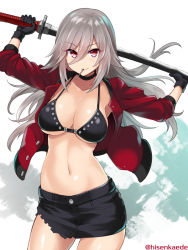 Rule 34 | 1girl, :3, arms up, bikini, bikini top only, black bikini, black gloves, black neckwear, black skirt, breasts, buttons, choker, cleavage, closed mouth, collarbone, commentary request, contrapposto, cowboy shot, gloves, hair between eyes, hisen kaede, holding, holding sword, holding weapon, jacket, large breasts, long hair, long sleeves, looking at viewer, mouth hold, navel, open clothes, open jacket, original, red eyes, red jacket, silver hair, skirt, smile, solo, standing, stomach, swimsuit, sword, twitter username, underboob, unsheathed, weapon