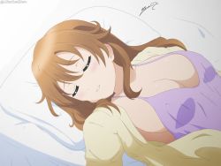 Rule 34 | 1girl, absurdres, alter real zero, artist name, artist request, babydoll, bare shoulders, bed, blush, breasts, brown hair, cleavage, collarbone, closed eyes, female focus, hair between eyes, hair over shoulder, head on pillow, highres, konoe kanata, long hair, looking at viewer, love live!, love live! nijigasaki high school idol club, medium breasts, on bed, open clothes, parted lips, pillow, shirt, sleeping, sleepy, smile, solo, teeth, upper body, white shirt, zzz