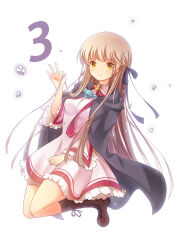 Rule 34 | 1girl, black cape, black ribbon, black socks, blunt bangs, boots, breasts, brown footwear, cape, commentary request, countdown illustration, dress, frilled dress, frilled sleeves, frills, full body, hair ribbon, hand up, highres, holding, holding own hair, juliet sleeves, kazamatsuri institute high school uniform, legs together, light blush, light brown hair, lliissaawwuu2, long hair, long sleeves, looking at viewer, medium breasts, midair, ok sign, parted lips, pink dress, puffy sleeves, red ribbon, rewrite, ribbon, school uniform, senri akane, sidelocks, simple background, smile, socks, solo, straight hair, thighs, tying footwear, very long hair, white background, wide sleeves, yellow eyes