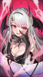 Rule 34 | 1girl, black dress, black gloves, breasts, cleavage, collarbone, commission, demon girl, demon horns, demon wings, dress, elbow gloves, fangs, galibo, gloves, head wings, highres, horns, jewelry, long hair, looking at viewer, medium breasts, multicolored hair, necklace, open mouth, original, pearl necklace, pink eyes, pink hair, pixiv commission, ring, smile, solo, teeth, tongue, upper teeth only, white hair, wings