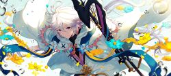 Rule 34 | 1boy, ahoge, artist request, bubble, cape, falling petals, fate (series), flower, flower on head, looking at viewer, merlin (fate), petals, poncho, purple eyes, smile, staff, water, white hair