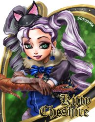 Rule 34 | 1girl, earrings, ever after high, female focus, gloves, green eyes, hat, jewelry, kitty cheshire, looking at viewer, purple hair, simple background, so yoon g, solo