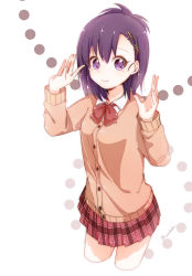 Rule 34 | 1girl, bafarin, cardigan, closed mouth, cowboy shot, dotted background, gabriel dropout, hair ornament, hairclip, hands up, highres, long sleeves, looking at viewer, pleated skirt, purple eyes, purple hair, short hair, sidelocks, skirt, smile, solo, topknot, vignette tsukinose april, twitter username, white background, x hair ornament