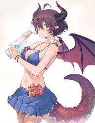 Rule 34 | 1girl, ahoge, bare arms, bare shoulders, bikini, bikini top only, blue bikini, blue skirt, bracelet, breasts, brown hair, choker, cleavage, collarbone, cowboy shot, cup, dragon girl, dragon horns, dragon tail, dragon wings, drinking glass, drinking straw, flower, granblue fantasy, grea (shingeki no bahamut), groin, hair between eyes, hand up, hibiscus, holding, holding cup, horns, hurricane glass, jewelry, large breasts, light particles, manaria friends, miniskirt, nagu, navel, parted lips, pleated skirt, pointy ears, red eyes, red flower, ribbon choker, shingeki no bahamut, short hair, sidelocks, skirt, solo, standing, stomach, swimsuit, tail, thighs, tropical drink, white background, white choker, wings