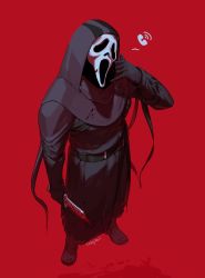 Rule 34 | 1boy, black cloak, black gloves, blood, blood on clothes, bloody knife, bloody weapon, cloak, commentary, cozyhuii, danny johnson, dead by daylight, ghost mask, ghostface, ghostface, gloves, highres, holding, holding knife, holding weapon, hood, hood up, hooded coat, knife, long sleeves, male focus, mask, mask on head, open mouth, phone, red background, scream (movie), shaka sign, signal, simple background, solo, weapon
