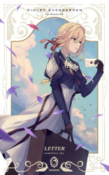 Rule 34 | 1girl, absurdres, black gloves, blonde hair, blue eyes, braid, cloud, dress, eyebrows, gloves, hair between eyes, hair ribbon, highres, holding, holding case, holding letter, letter, long sleeves, parted lips, ribbon, sky, sleeves past wrists, solo, standing, sugai (4ugaii), suitcase, violet evergarden, violet evergarden (series)